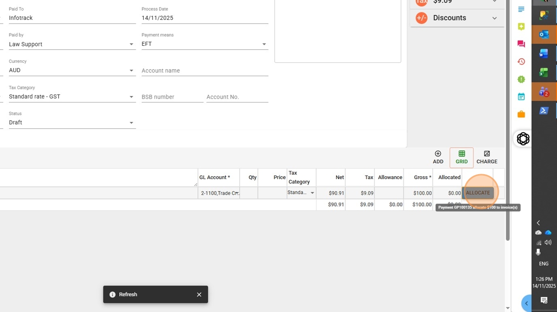 once the allocate button appears click on it to see the outstanding invoices