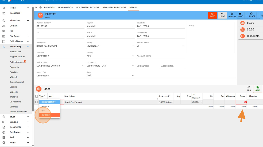 Select the type of financial line you want to insert - sample is supplier