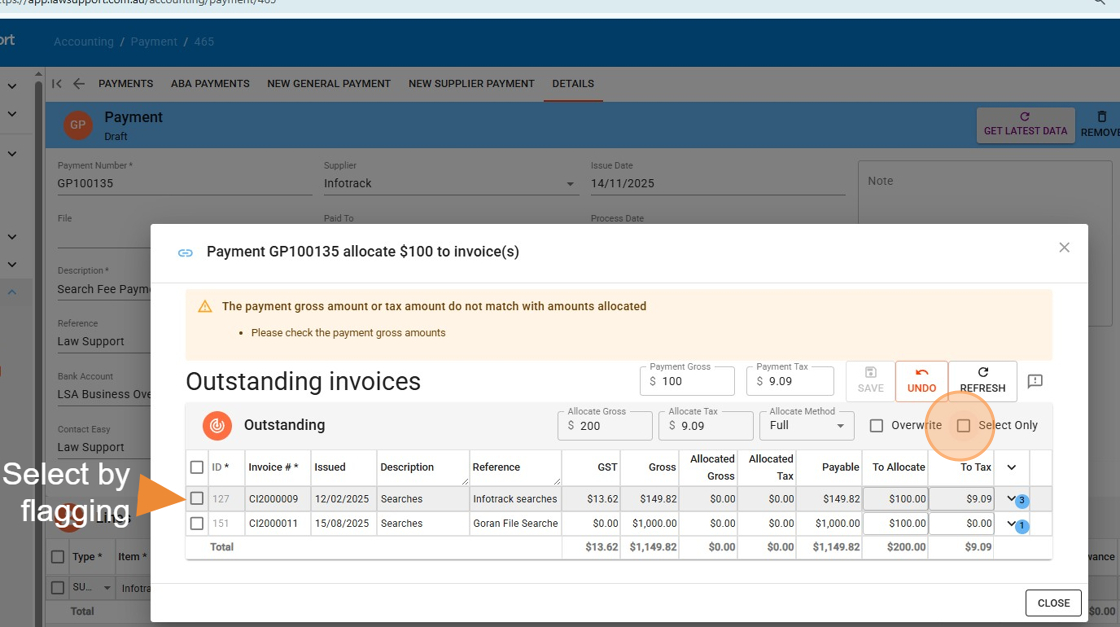 Press select only to choose which supplier invoices you are paying if not oldest to newest