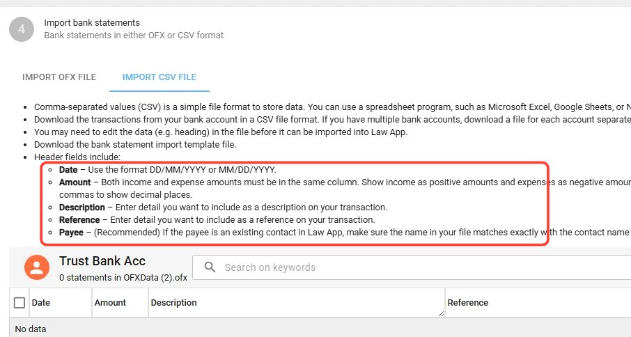 Import CSV File tab showing the required CSV header fields