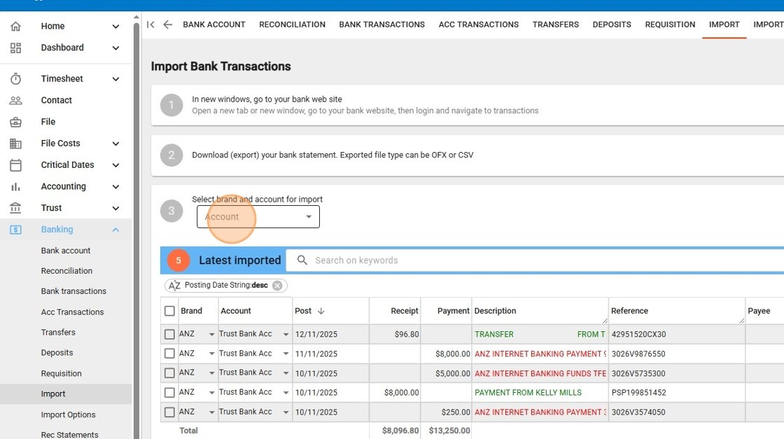 Import Bank Transactions screen showing steps 1 through 5