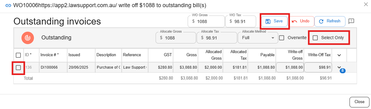 Outstanding invoices allocation dialog