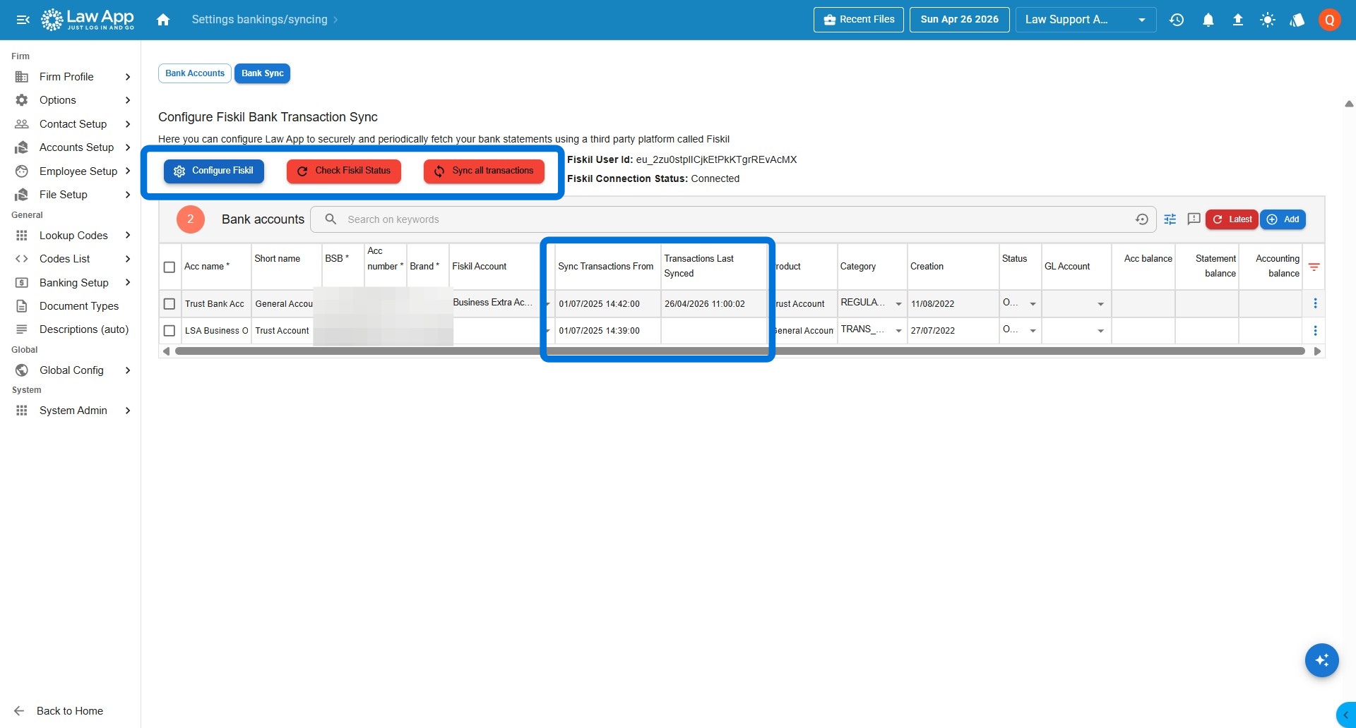 Bank Sync screen showing a configured general account with sync date and a trust account not yet mapped