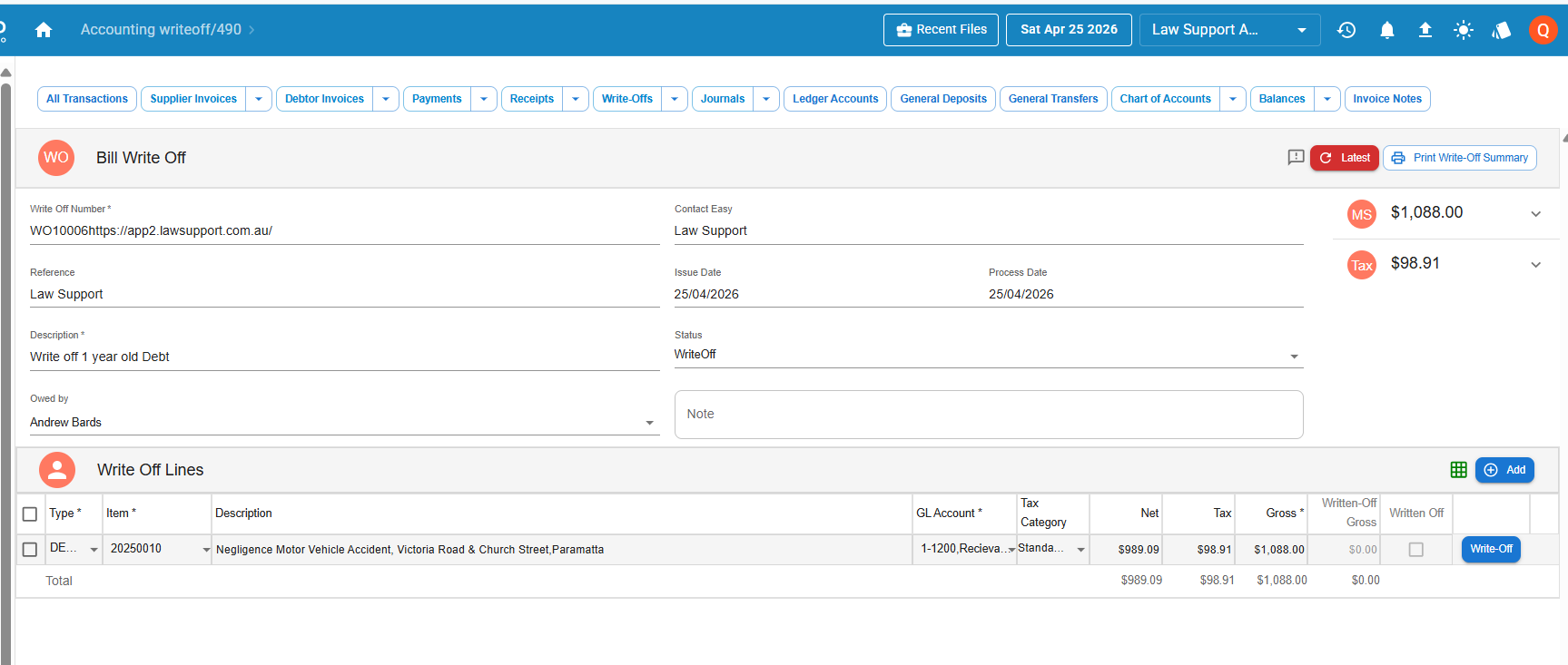 Write-off screen showing header fields and write-off lines