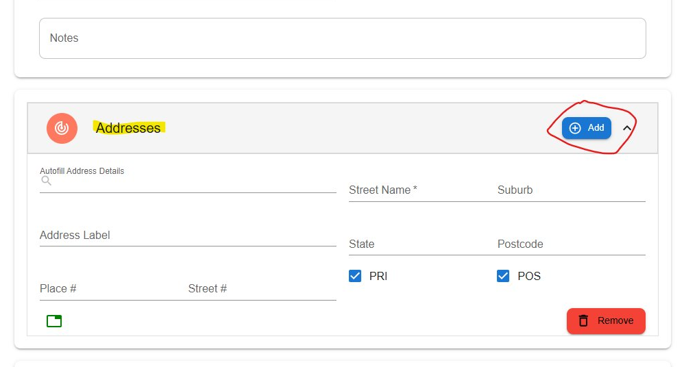 Addresses section of a new Law App contact, with the Add button highlighted and the PRI and POS checkboxes ticked on the address form
