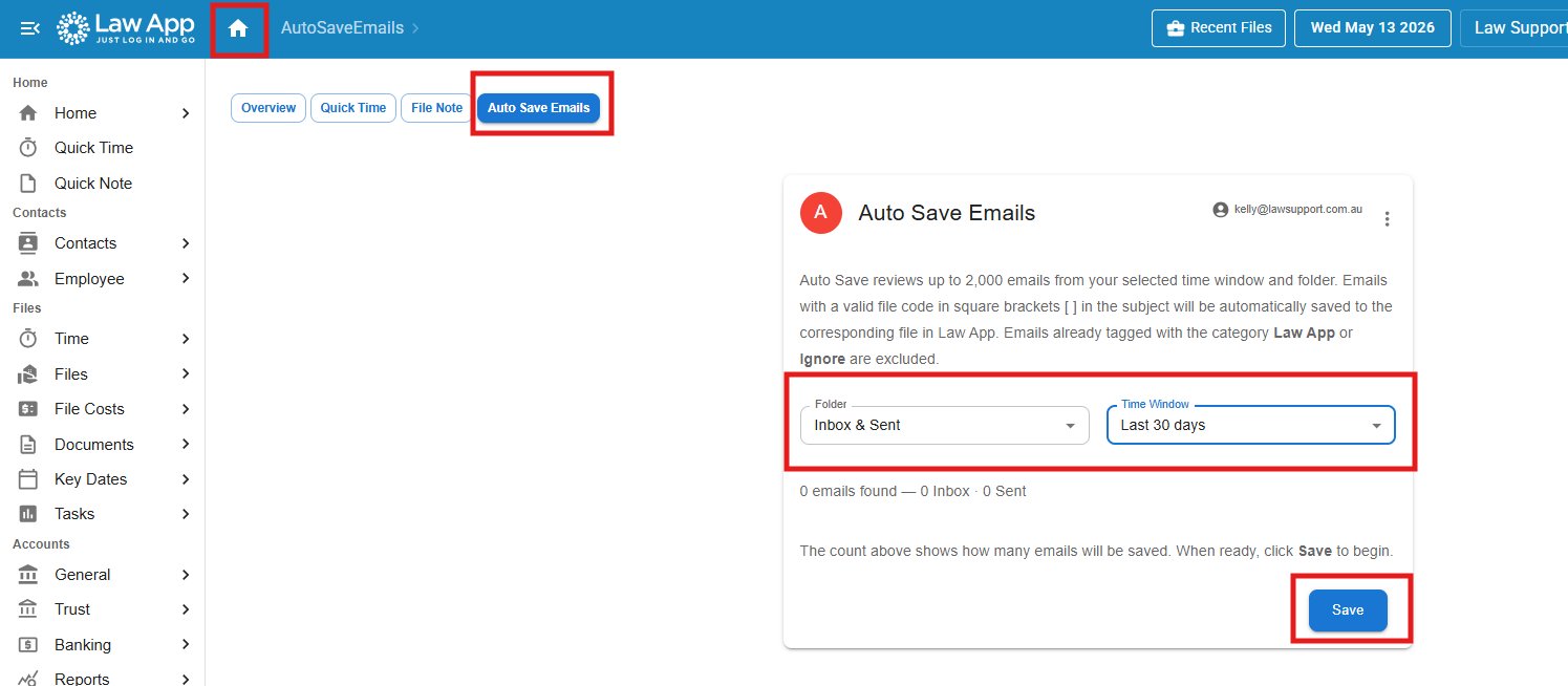 The Auto Save Emails screen showing folder and time window dropdowns and the Save button