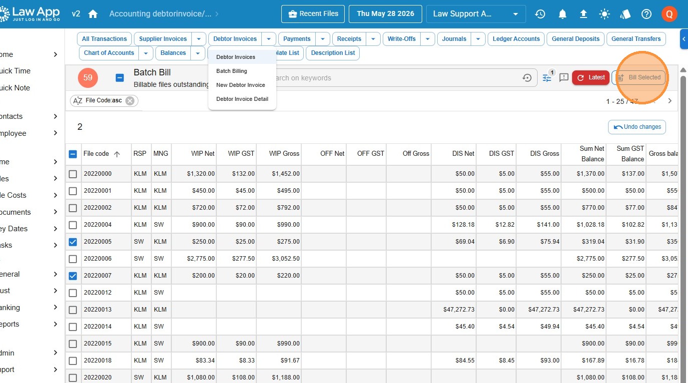 Bill Selected button highlighted after files are ticked on the Batch Bill screen
