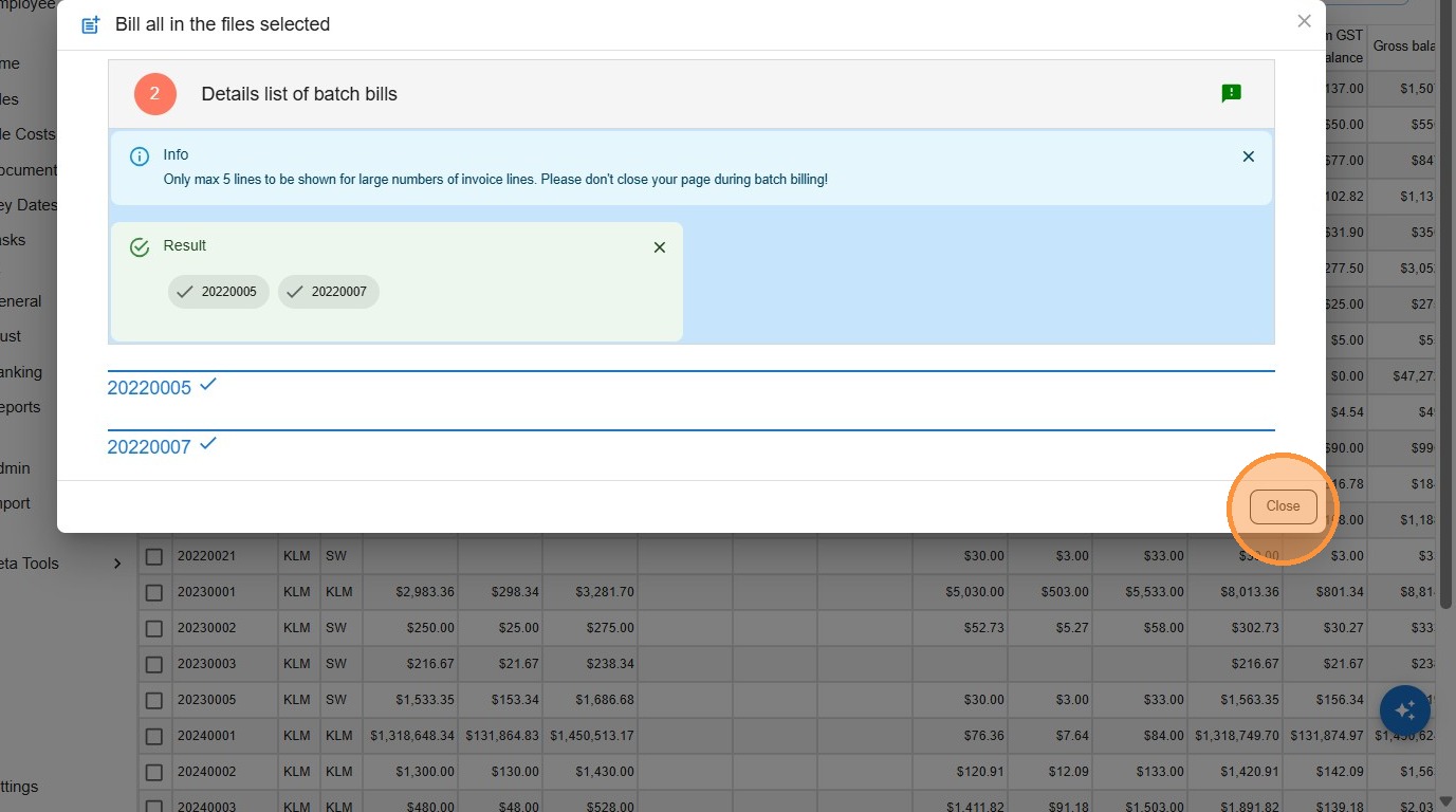 Result panel listing successfully created invoice numbers with Close button highlighted