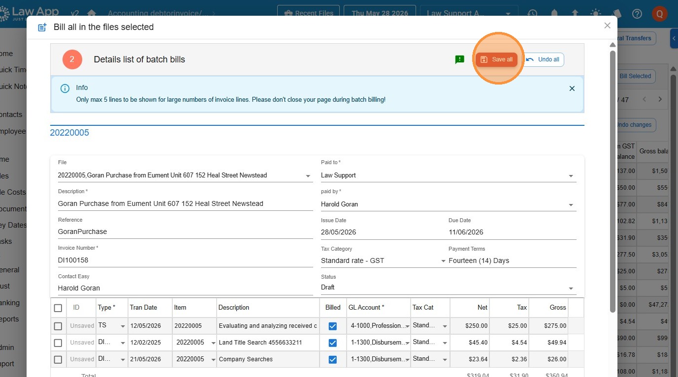 Bill all in the files selected dialog showing draft invoice detail with Save all button highlighted