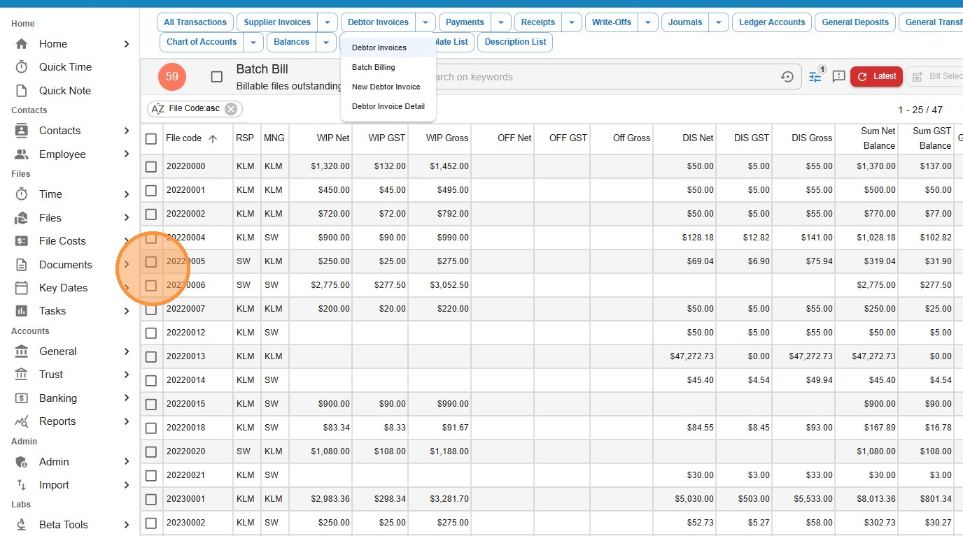 Batch Bill screen with checkboxes ticked next to two billable files