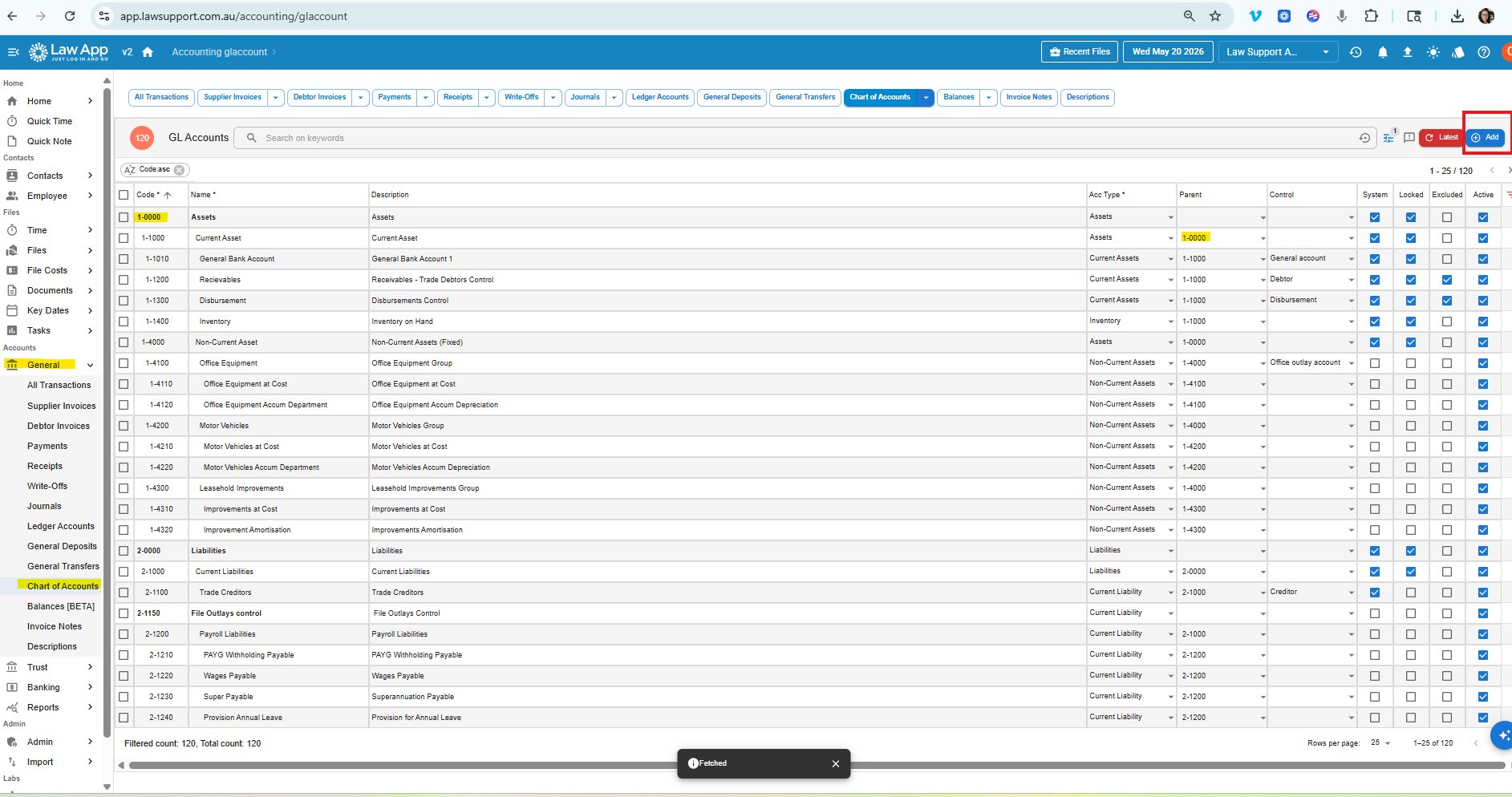 Chart of Accounts page showing the GL code list with the Add button highlighted in the top right