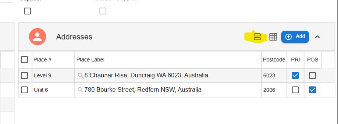 Law App contact addresses in grid view, showing two saved addresses — one flagged PRI as primary and one flagged POS as postage