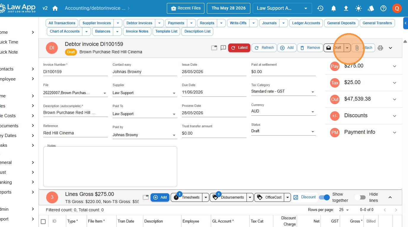 Individual debtor invoice showing the status dropdown set to Draft with the print and email controls visible