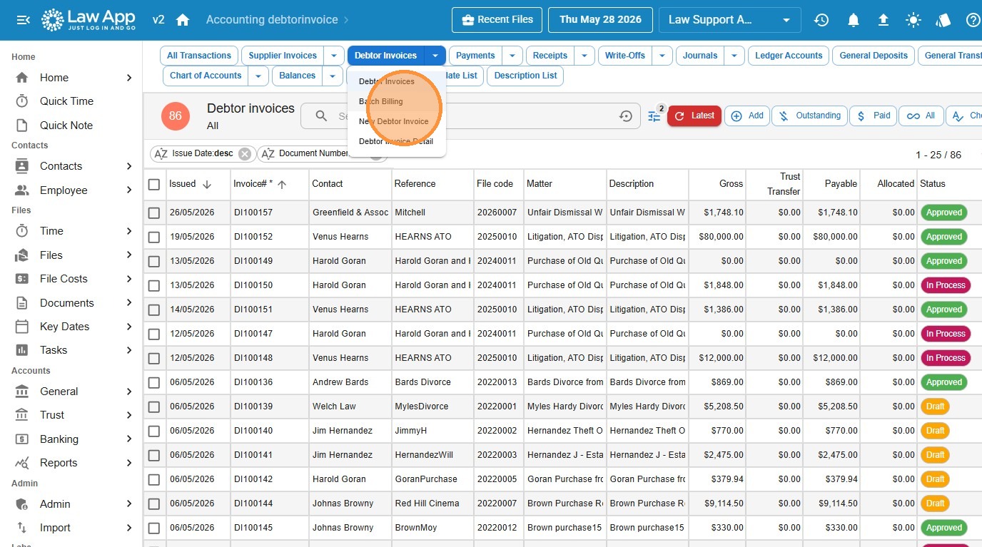 Debtor Invoices dropdown with Batch Billing option highlighted