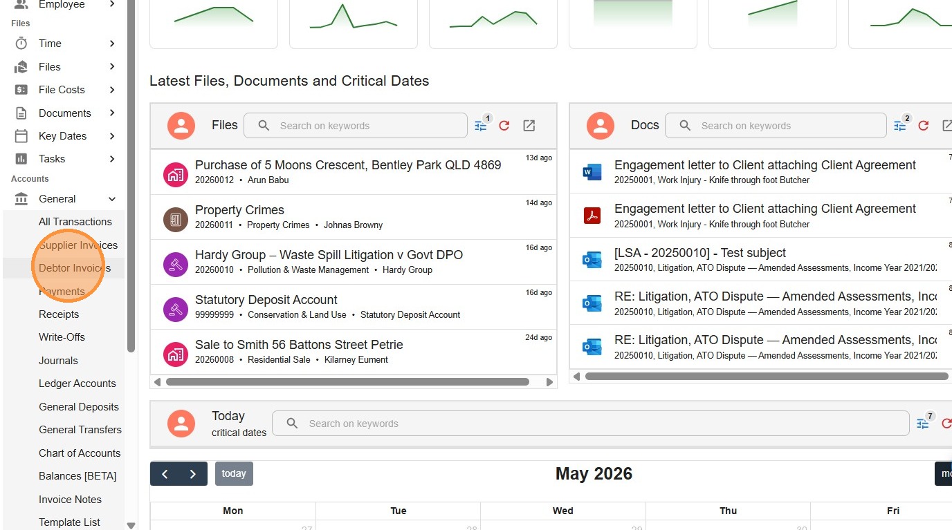 Accounts > General > Debtor Invoices in the Law App left-hand menu