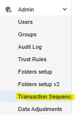 Law App sidebar with the Admin menu expanded and Transaction Sequences highlighted