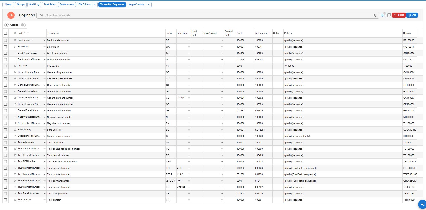 The Transaction Sequences grid in Law App showing Code, Prefix, Fund form, Seed, last sequence and Pattern columns for each transaction type