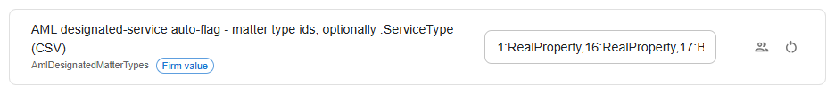 AML designated-service auto-flag setting under Settings, Options, Firm-Wide with matter type IDs and service types entered