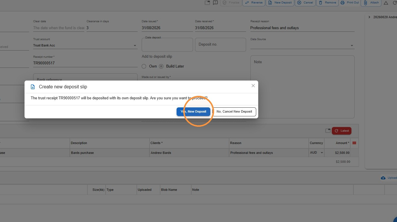 Create new deposit slip confirmation dialog with Yes, New Deposit button highlighted