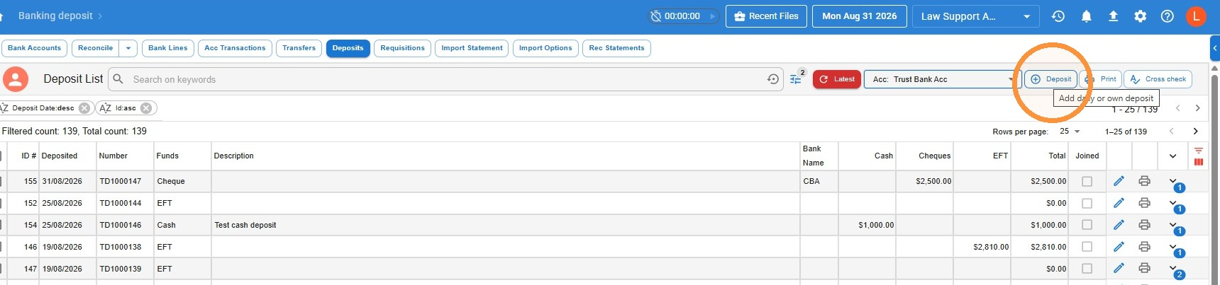 Deposit List in Banking with the Deposit button highlighted to start a new deposit slip