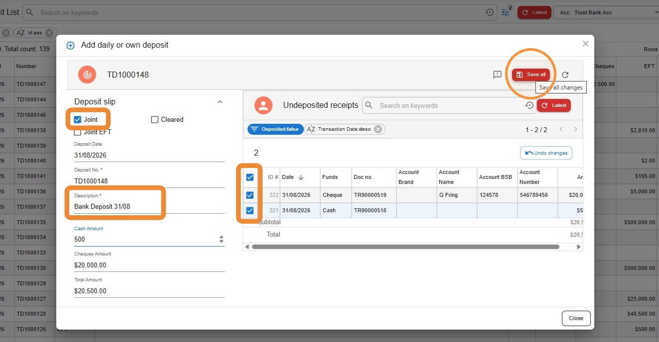 Add daily or own deposit dialog with Joint selected, a deposit description entered, undeposited receipts selected, and Save all highlighted
