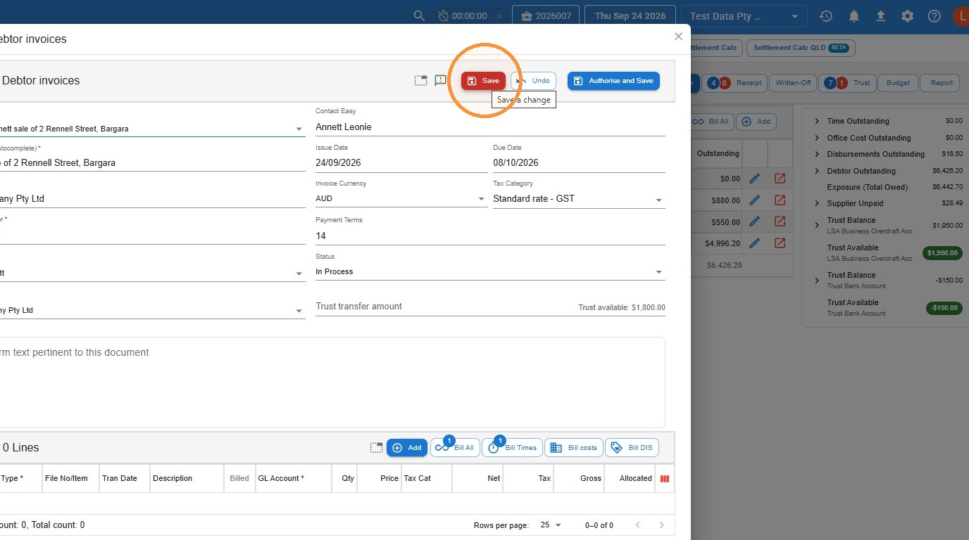Blank debtor invoice with the Save button highlighted