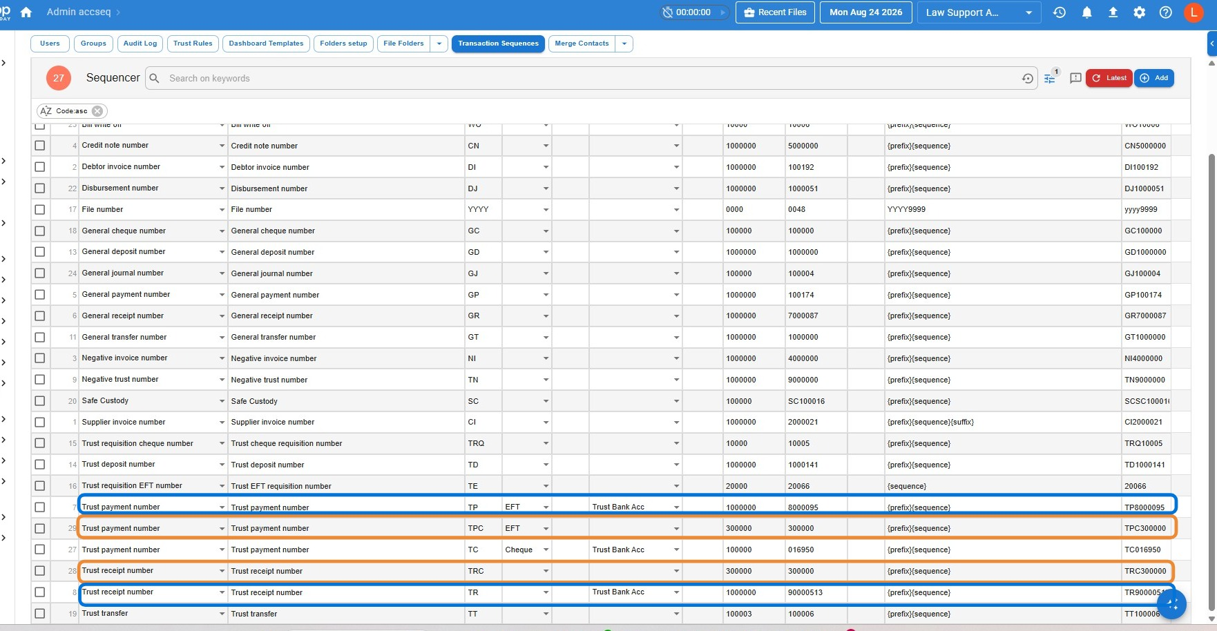 Transaction Sequencer screen showing separate Trust Payment Number and Trust Receipt Number lines using the TPC and TRC prefixes for controlled money accounts