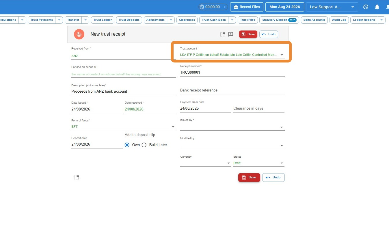 New trust receipt screen in Law App with the Trust account field set to a controlled money account, generating a receipt number with the TRC prefix