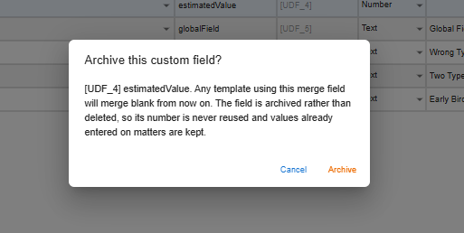 The confirmation dialog shown before archiving a custom field, naming the merge field and explaining that templates using it will merge blank from then on and its number won't be reused.