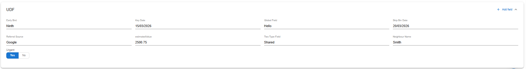 The UDF section on a matter showing custom field inputs — including Early Bird, Key Date, Global Field, Referral Source, estimatedValue and an Urgent Yes/No toggle — with the Add field link in the section header.