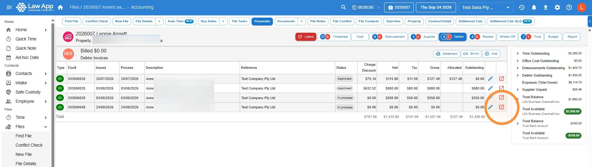 Debtor invoices list with the Open icon highlighted on the new invoice