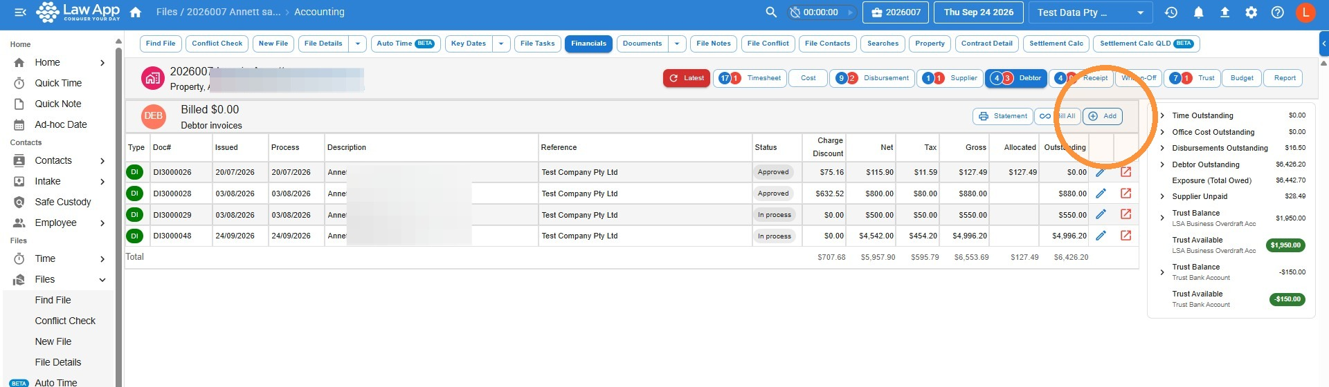 Debtor Invoices list with the Add button highlighted