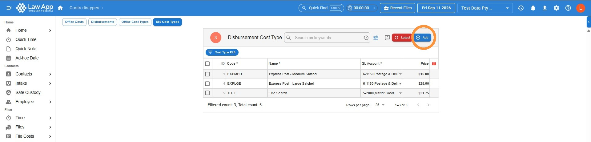 Disbursement Cost Type list in Law App, showing the GL Account column, with the Add button circled at the top right