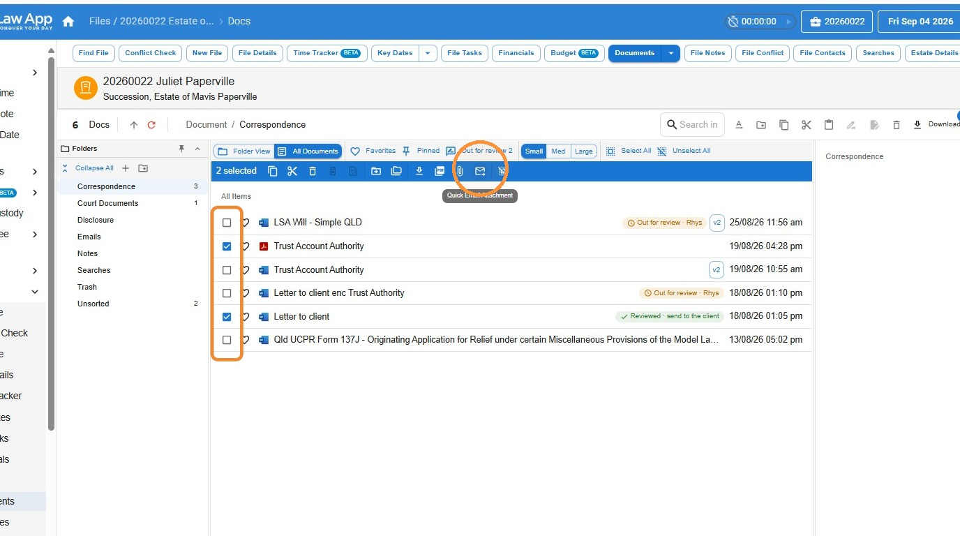 Documents list in Law App with two documents ticked and the Quick Email Attachment icon highlighted