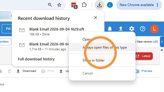 Browser download tray with right-click menu open, showing the Always open files of this type option highlighted