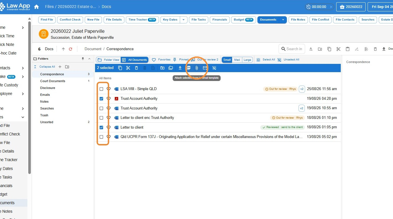 Documents list in Law App with two documents ticked and the Attach selected documents to email template icon highlighted
