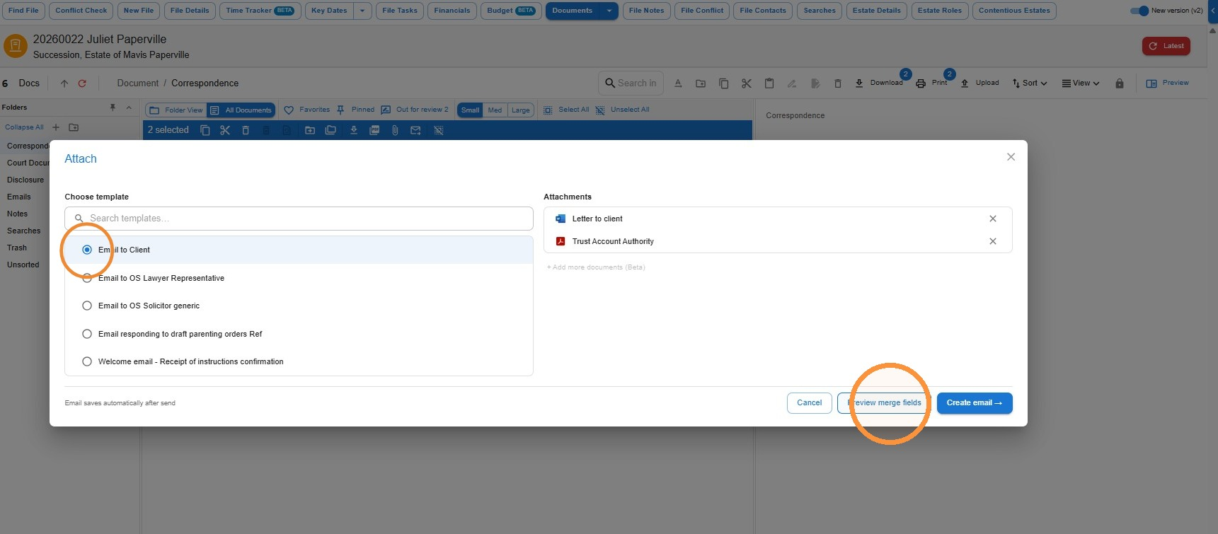 Attach dialog in Law App with the Email to Client template selected and the Preview merge fields button highlighted