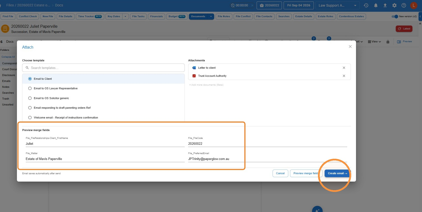 Attach dialog showing merge field previews for client name, file code, matter and email address, with the Create email button highlighted