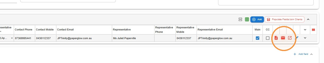 File Contacts grid in Law App with the red mail icon highlighted next to a contact row