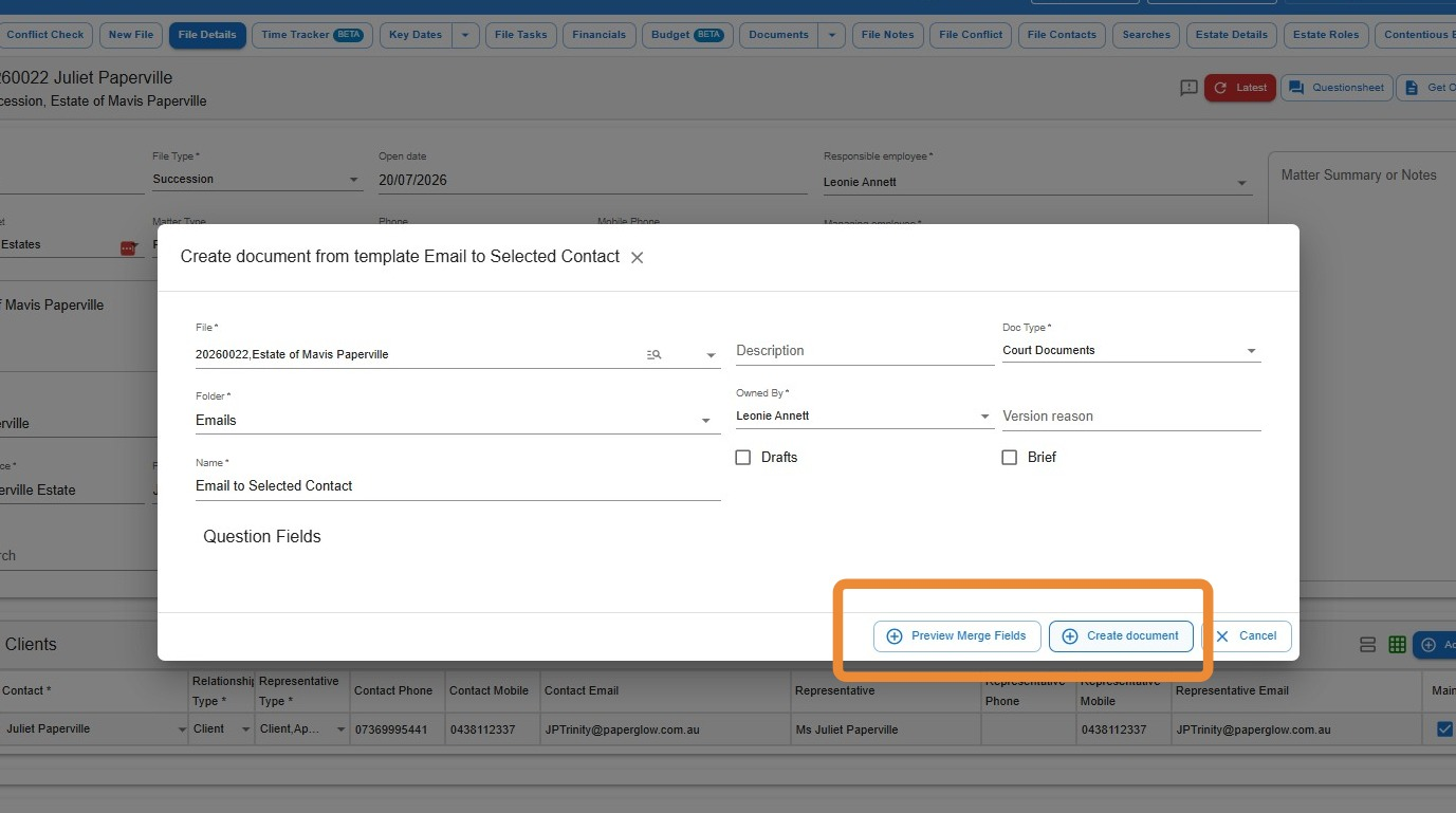 Create document from template dialog for Email to Selected Contact, with Preview Merge Fields and Create document buttons highlighted