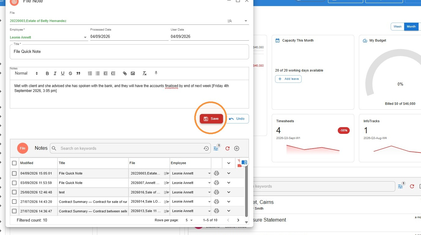 Quick Note window with file selected, note details entered and Save button highlighted