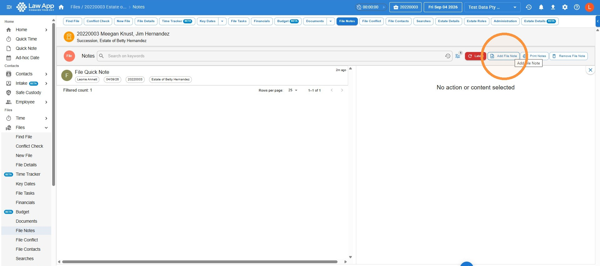 File Notes list on a file, with the Add File Note button highlighted