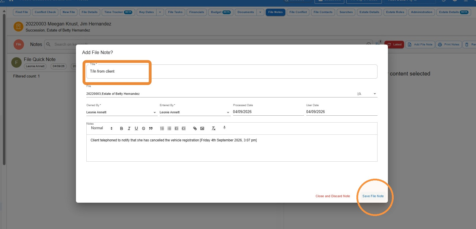 Add File Note window with title and note details filled in, Save File Note button highlighted