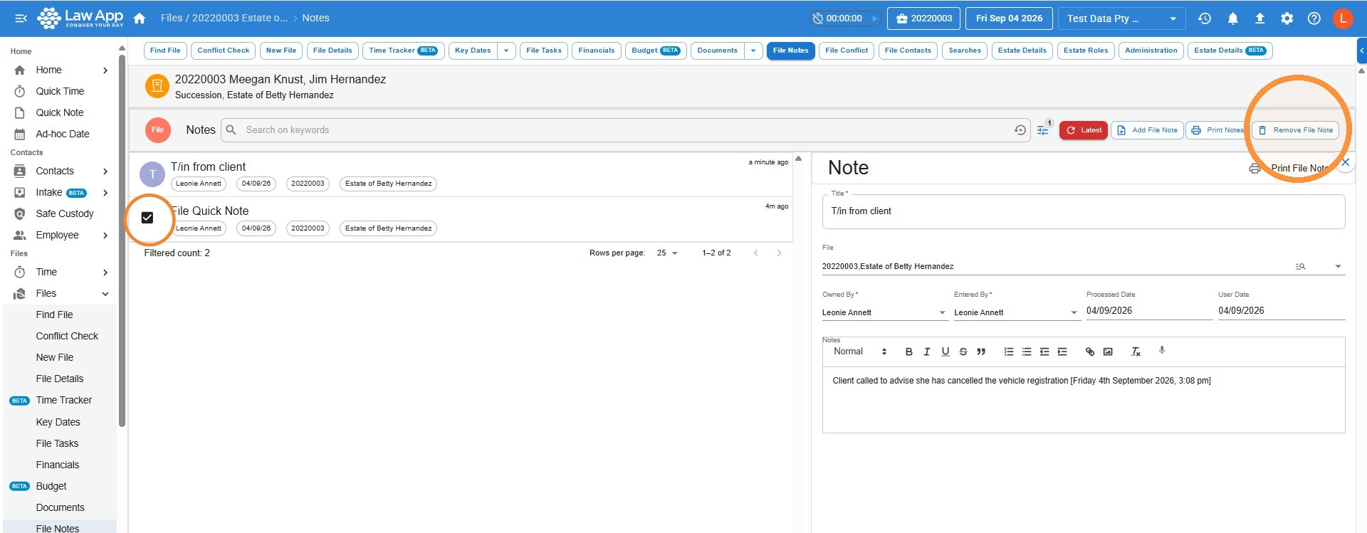 File Notes list with a note checkbox ticked and the Remove File Note button highlighted