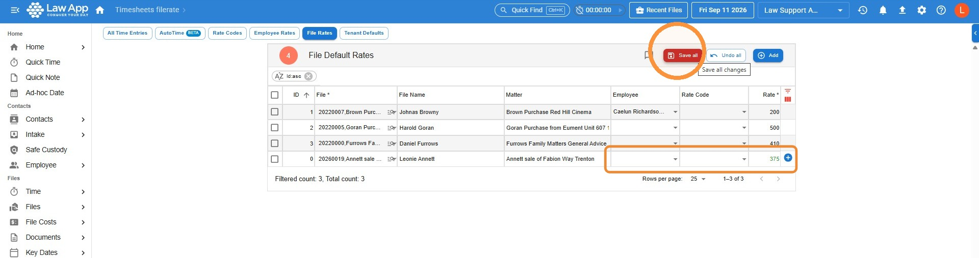 File Default Rates row in Law App with employee, rate code and amount fields filled in and the Save all button circled
