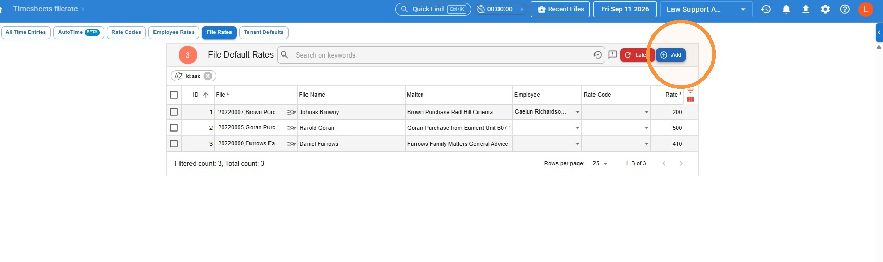 File Default Rates list in Law App with the Add button circled top right