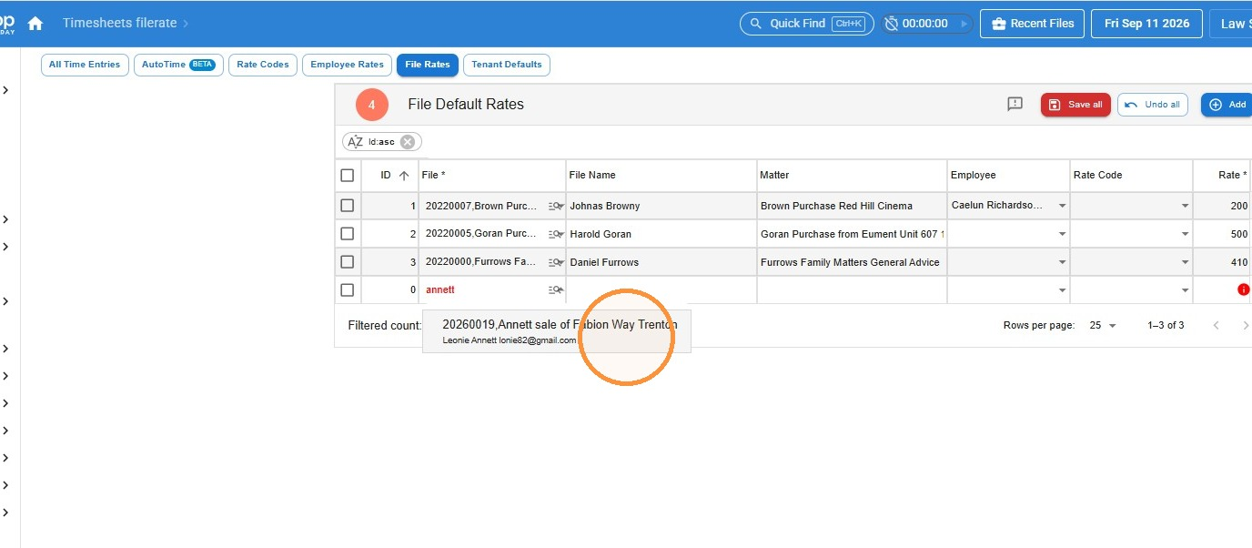 File Default Rates list in Law App with a new row added and the file lookup search result circled