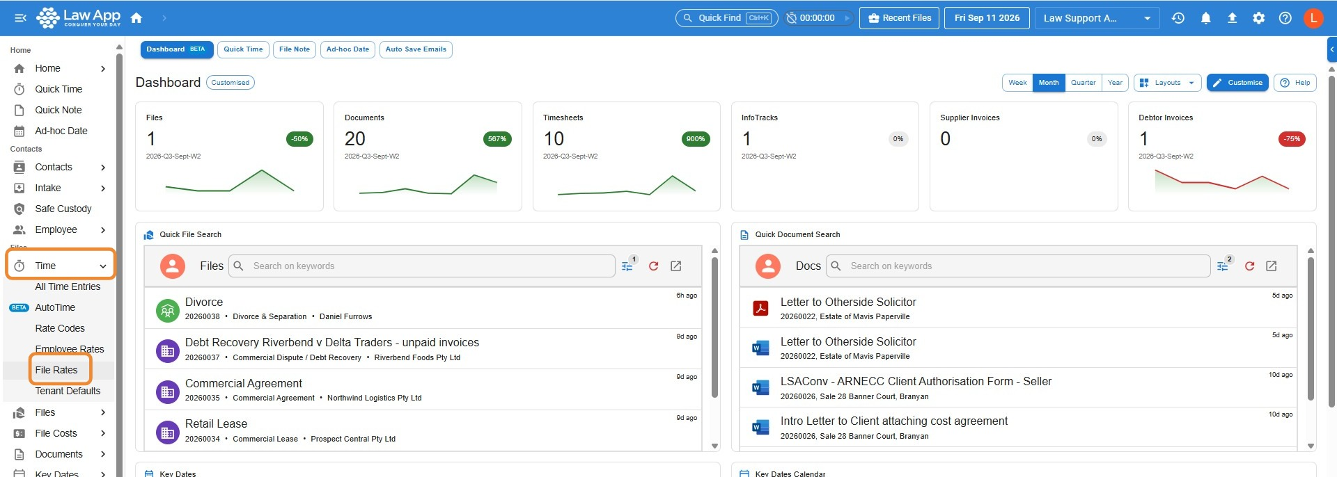 Law App dashboard with the left navigation Time menu expanded and File Rates circled