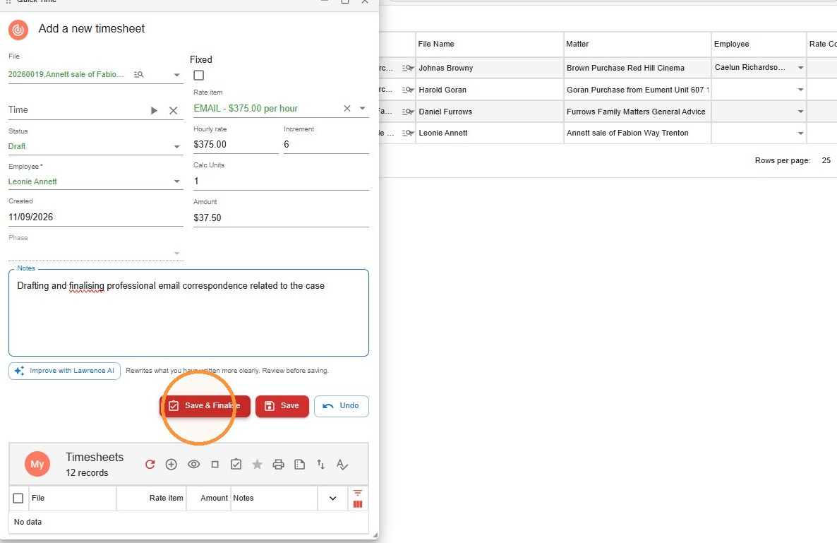 Add a new timesheet dialog in Law App showing the rate item pre-filled with the file rate that was just set up