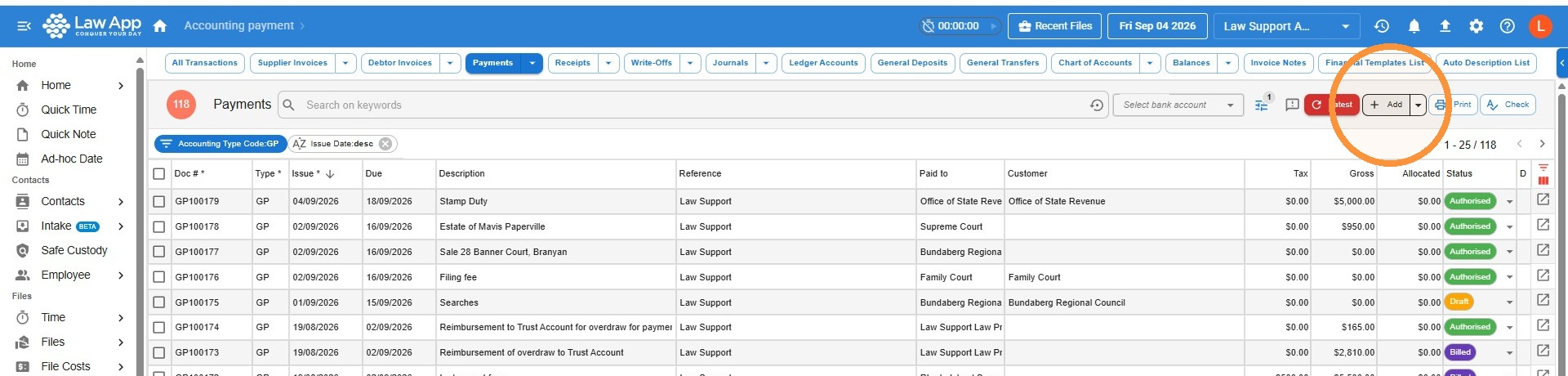 Payments list in Law App with the General menu, Payments option and Add button highlighted